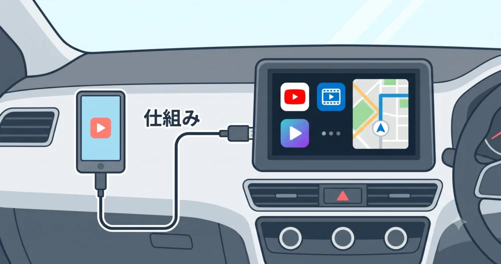オットキャストが車のディスプレイオーディオとCarPlayを通じて接続し、YouTubeなどの動画やナビアプリを画面に映し出す仕組みのわかりやすい解説図解イラスト。