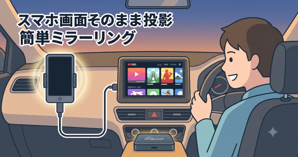 スマートフォンの画面をそのまま車のナビ画面に映し出すミラーリング特化型のエントリーモデル「オットキャスト Mirror Touch」のイメージイラスト。