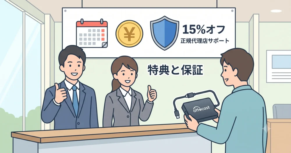 オットキャストを購入する前に確認すべき、日本正規代理店の日本語サポート体制と15%オフのお得なクーポン情報を紹介する安心感のあるイラスト。