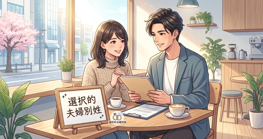 選択的夫婦別姓や事実婚について自身の考えを述べる女性のライフスタイルイメージイラスト