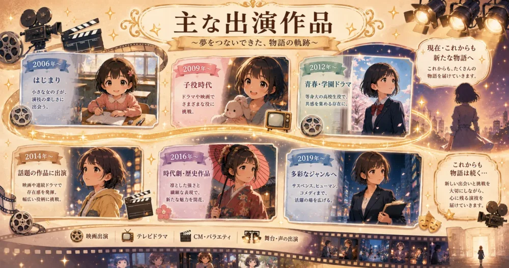 志田未来の主な出演作品とキャリアの歩みを表したイラスト