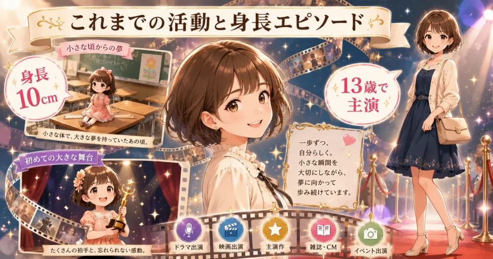 志田未来のこれまでの活動と「アリエッティ」などの身長エピソードを描いたイラスト