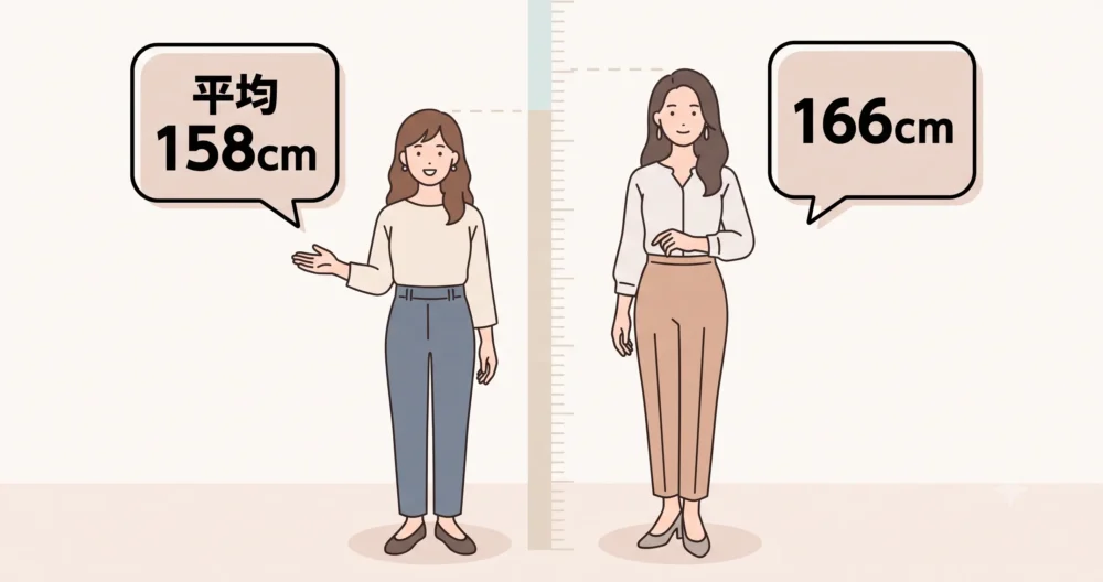身長166cmの女性と日本人女性の平均身長158cmを分かりやすく比較したサイズ差の図解イラスト
