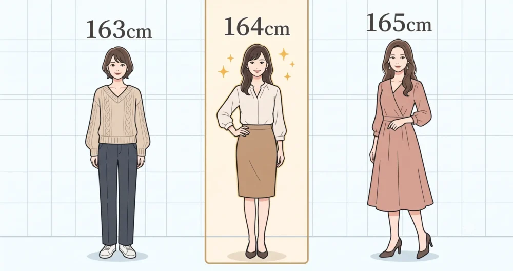 164cm前後の同じ身長帯の日本人女優やアナウンサーの身長比較を分かりやすく表した図解イラスト