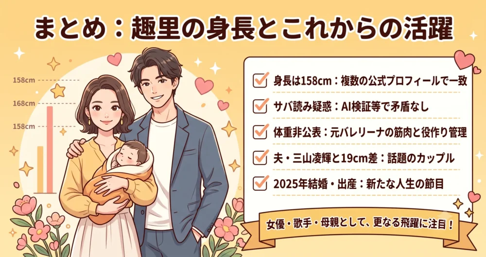 趣里の身長とこれまでの歩みのまとめ。身長158cmの根拠、疑惑検証、夫・三山凌輝との19cm差、2025年の結婚と出産という新たな人生の節目を総括する