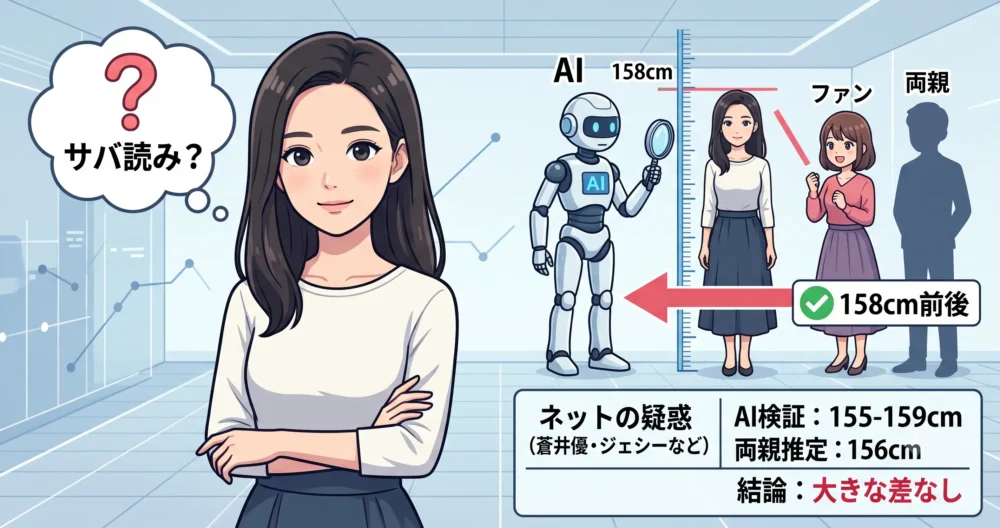 趣里の身長サバ読み疑惑検証。AI画像検証結果と両親からの推定計算式、そして「大きな差なし」の結論を示すインフォグラフィックイラスト