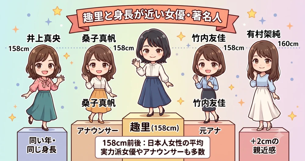 趣里(158cm)と身長が近い実力派女優・著名人の比較イラスト。井上真央、桑子真帆、竹内友佳(全員158cm)、有村架純(160cm)の5人が並び、日本人女性の平均身長であることを示す