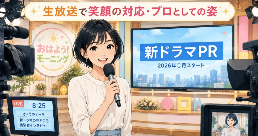 報道翌日の生放送番組でプロとして気丈にドラマPRに徹する趣里さんを描いたイラスト
