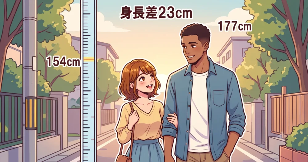 身長154cmの女性と177cmのハーフ男性の、身長差23cmが際立つデート風の仲良しイラスト