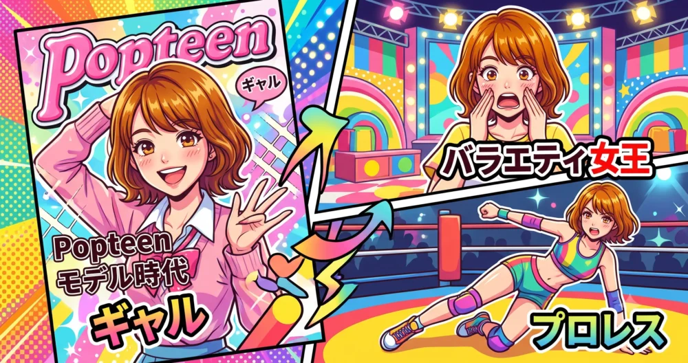 ギャルモデルからバラエティの女王、プロレスまで、多彩な経歴をイメージしたポップなイラスト