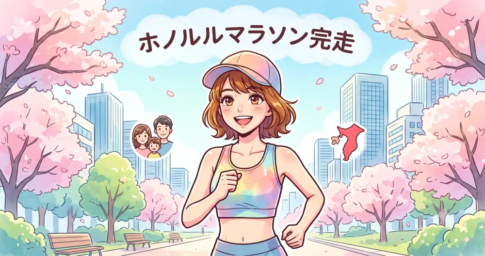 小柄ながらホノルルマラソンを完走するバイタリティ溢れる女性のプライベートイメージイラスト