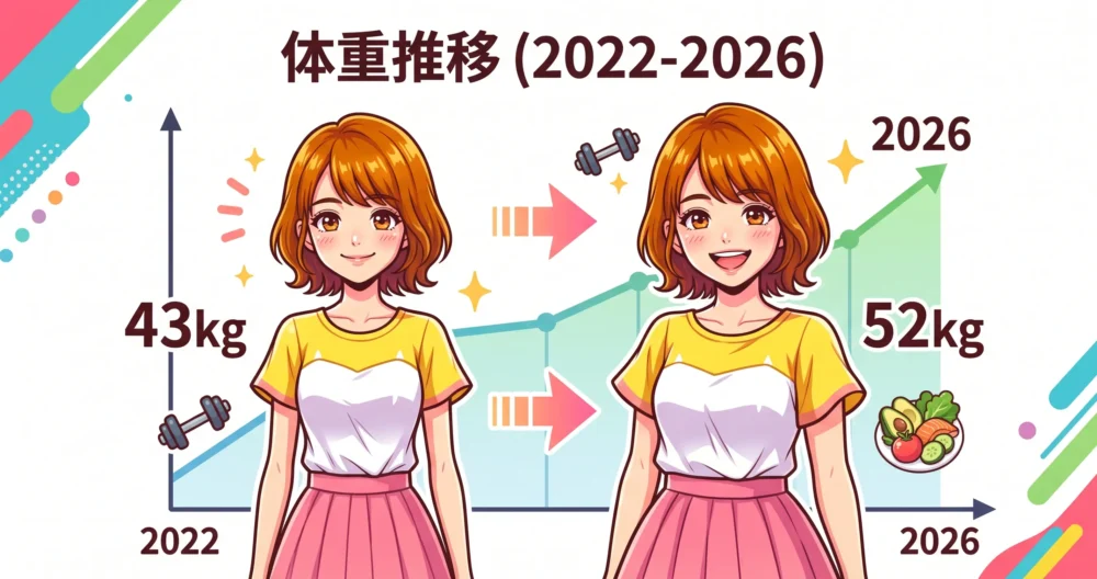 2022年から2026年までの女性の体重推移と健康的なスタイルを表現した分かりやすい図解イラスト