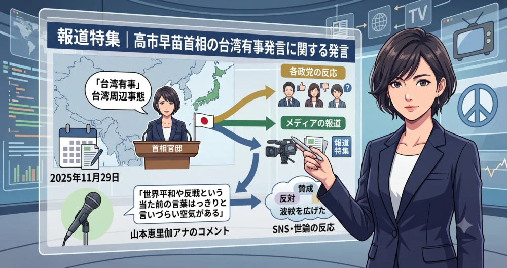 2025年11月の台湾有事に関する報道とそれについてコメントするキャスターのイメージイラスト