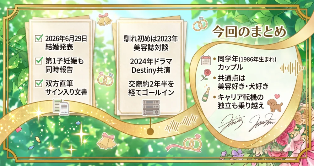 田中みな実さんと亀梨和也さんの結婚発表の要点をまとめた、チェックボックス付きのわかりやすいインフォグラフィック図解