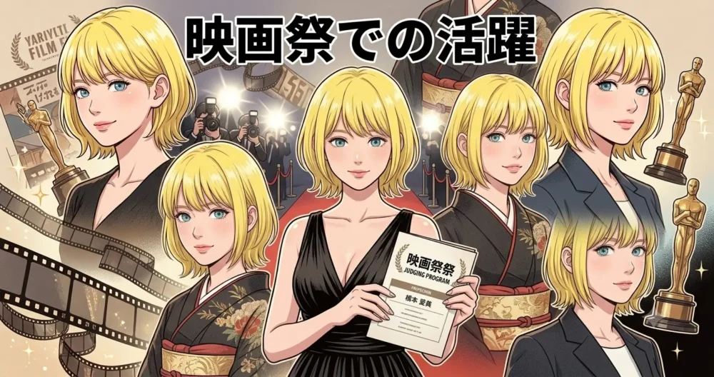 国際映画祭のレッドカーペットに立ち、映画を愛する審査委員として凛とした表情を見せる女性のイラスト。