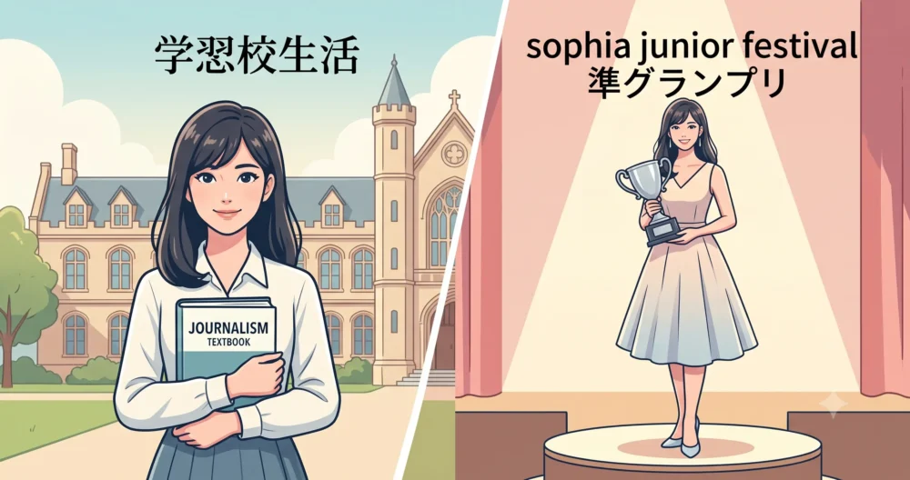 上智大学での学びと、キャンパスのミスコンテストで準グランプリを受賞した華やかなイメージイラスト