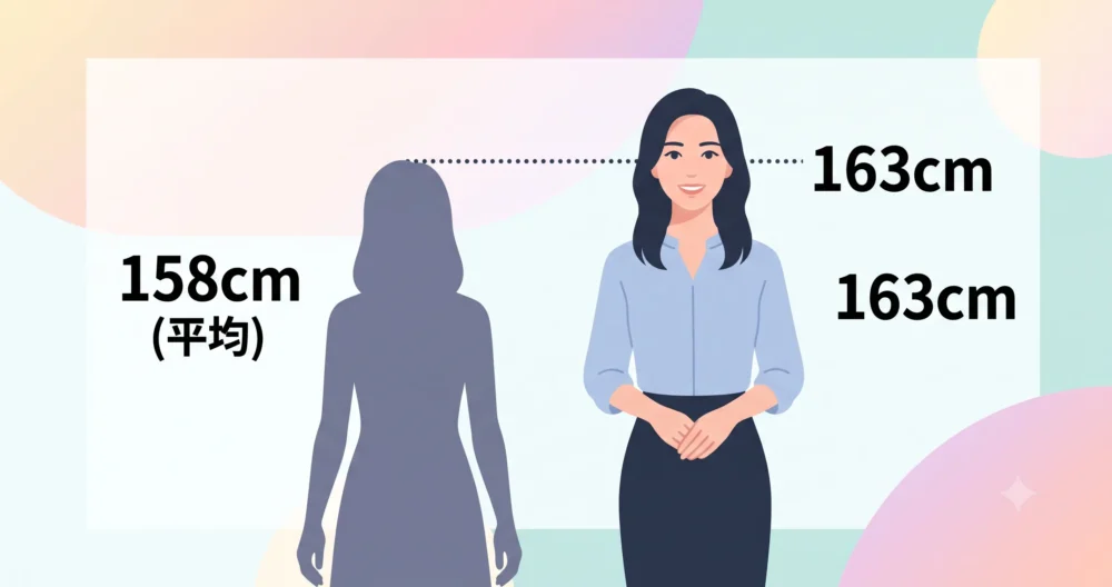 日本人女性の平均身長と比較した、身長163cmの女性アナウンサーのサイズ感イラスト