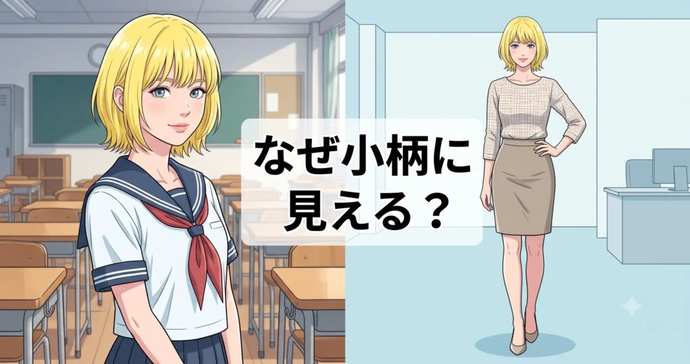 165cmある女優が学生役などのイメージで小柄に見える理由を表現した、金髪ショートヘアの女性イラスト。