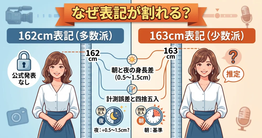 三谷紬アナの身長表記が162cmと163cmで割れる理由を、朝夜の身長差（0.5〜1.5cm）、四捨五入、公式発表がないという3つの要因で図解したイラスト。
