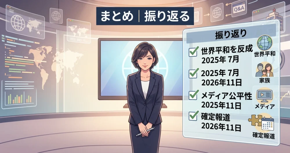 山本恵里伽アナウンサーの一連の発言の事実関係を振り返るまとめのイラスト