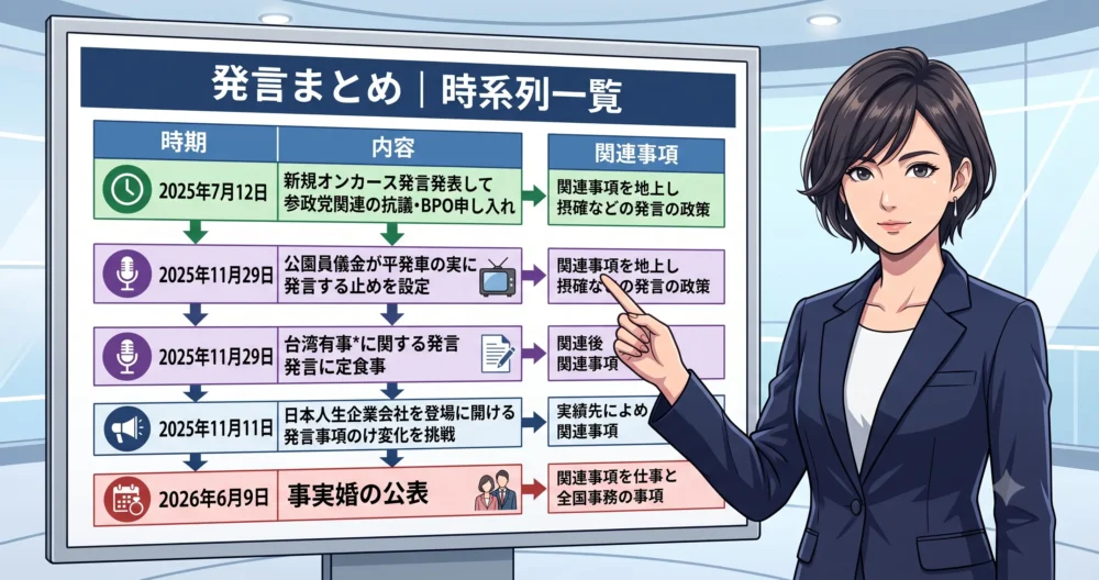 山本恵里伽アナウンサーの発言と周辺の出来事を整理した時系列表のイメージ図解イラスト