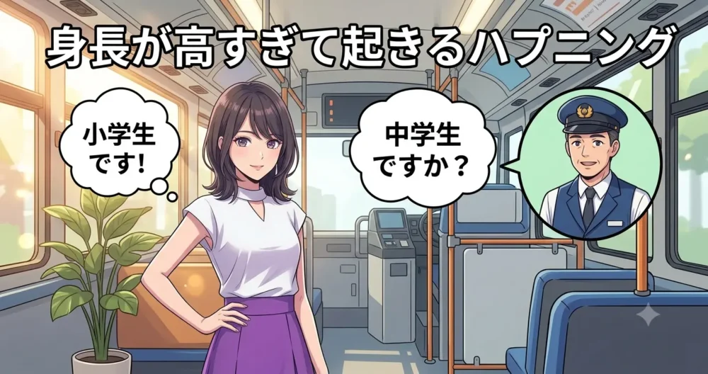 路線バスの車内で、中学生と間違えられて慌てる高身長な小学生の女の子のイラスト