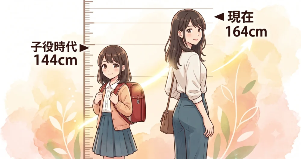 子役時代の144cmから現在の164cmへの成長をイメージした、2人の女の子のイラスト