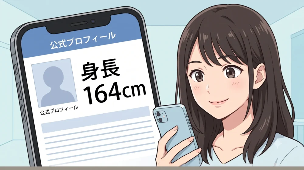 タレントの公式プロフィール画面のイラスト。身長164cmと明記されたスマートフォンを持つ女性の手元
