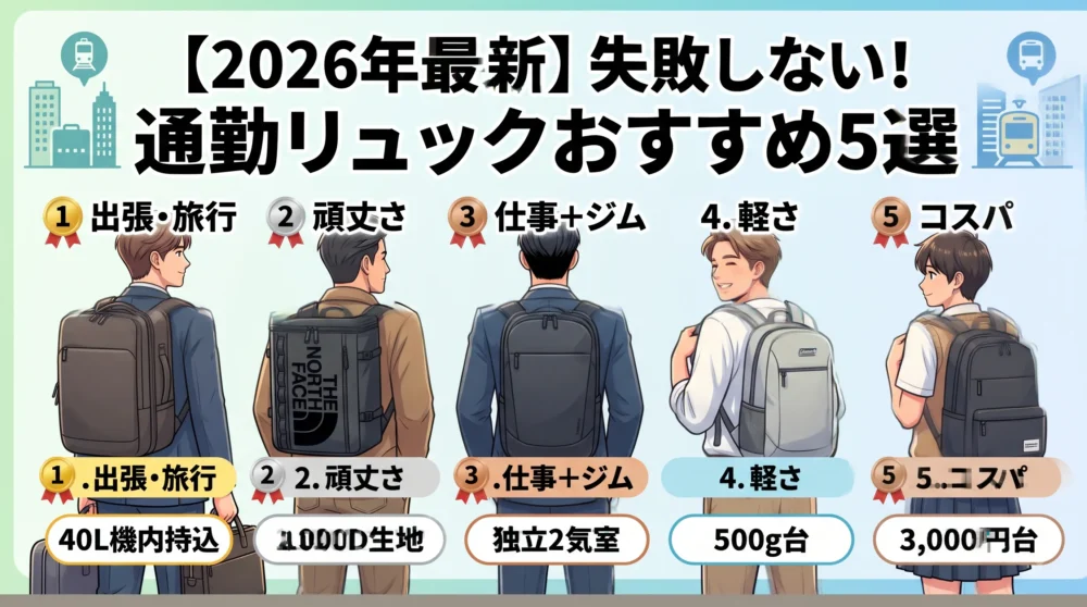 【2026年最新】失敗しない！通勤リュックおすすめ5選。タイプ別の最適解（出張・旅行、頑丈さ、仕事＋ジム、軽さ、コスパ）をランキング形式で紹介するアイキャッチイラスト。タイトルを大きく表示。