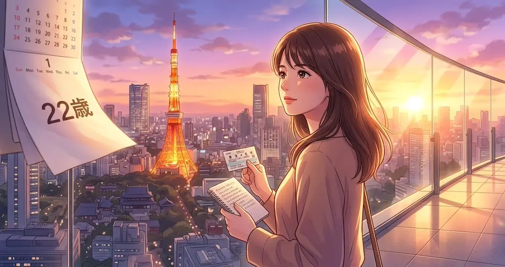 大学進学を選ばず「22歳まで」の約束で上京・女優の道に専念した決断を表すイラスト。
