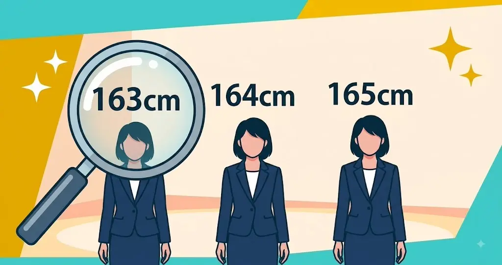 青山祐子さんの身長163cm、164cm、165cmの3説を比較した図解。女性キャスターを模した人物シルエットの頭上に日本語の身長ラベルがあり、虫眼鏡が最も有力な「163cm」を強調している。