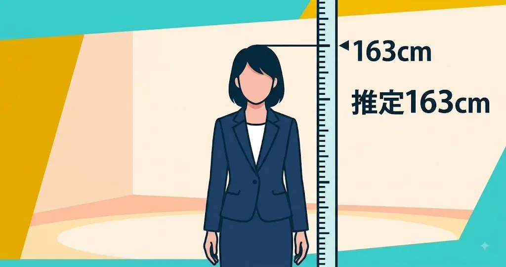 身長計の横に立つ女性アナウンサーを模した人物と、日本語で「推定163cm」と書かれたコンセプトイラスト。