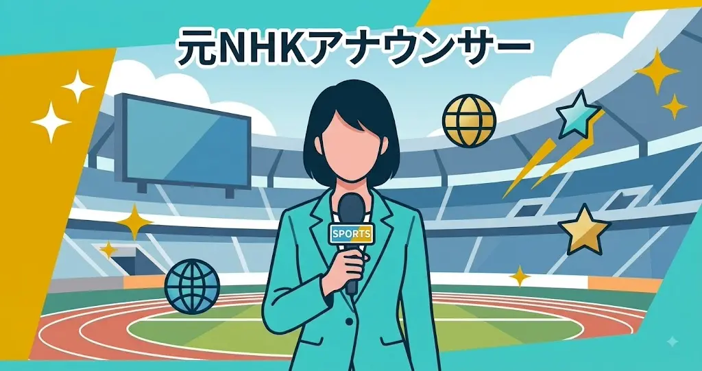 スポーツスタジアムを背景にマイクを持つ女性アナウンサーを描いたプロフェッショナルな図解。日本語テキストで「元NHKアナウンサー」とあり、アスペクト比は1.91:1。