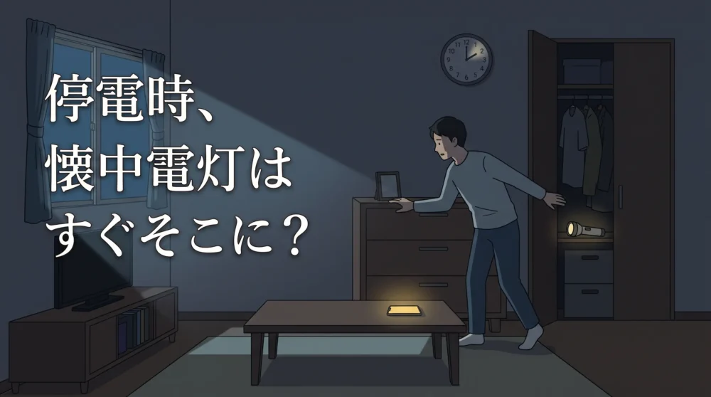 停電時に暗闇の中でスマホや押し入れの懐中電灯を探せず困っている様子のイラスト図解