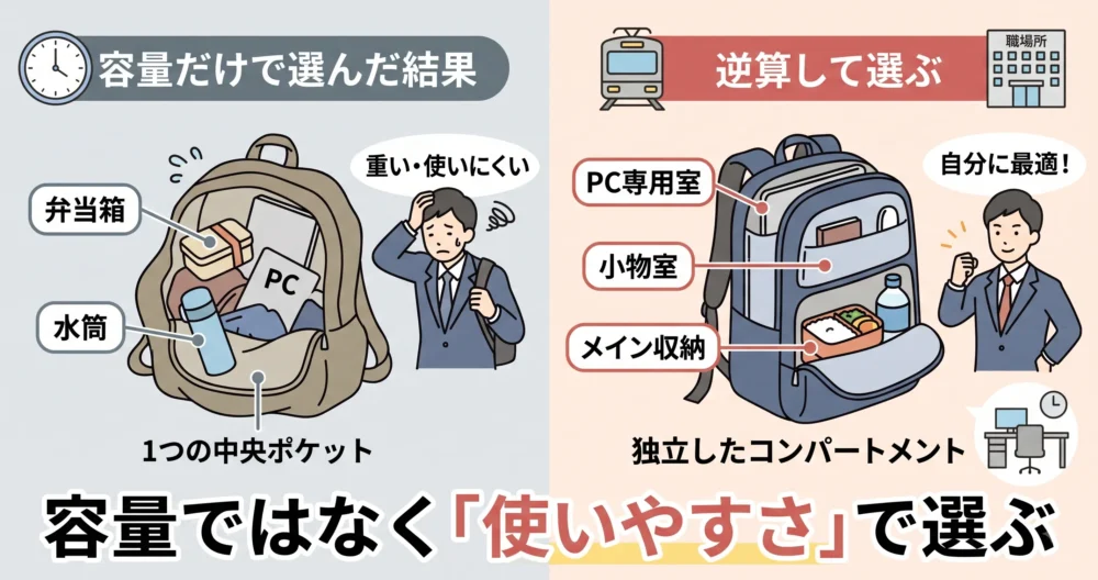 「容量だけで選んだ結果」として中身がぐちゃぐちゃで使いにくいリュックと、「逆算して選ぶ」としてPC室などが独立して使いやすいリュックを比較するイラスト。