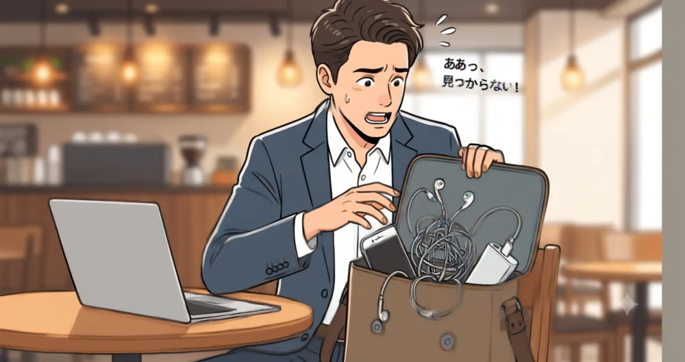 カフェでぐちゃぐちゃのバッグから絡まったケーブルを探すのに苦戦する、ストレスを感じている男性のイラスト。出先でのガジェット紛失の悩み。