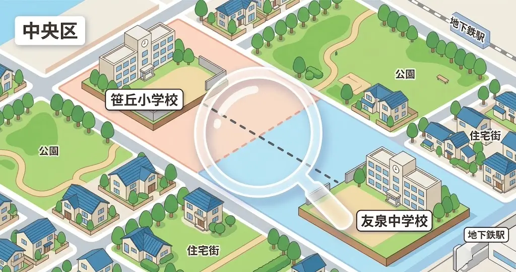 福岡市中央区の笹丘小学校と友泉中学校の通学区域・校区エリアを検証するマップ図解イラスト。