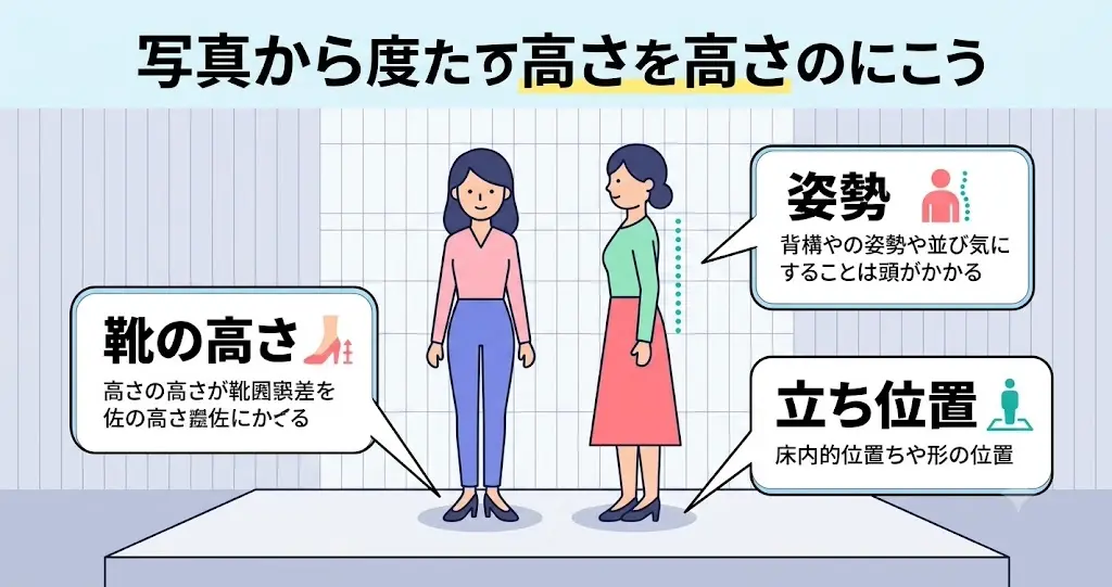 画像からの身長推定における3つの落とし穴(靴の高さ・立ち位置・姿勢)を分かりやすく解説する図解イラスト