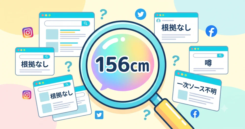 インターネット上のまとめサイトで156cm説の根拠や一次ソースが見当たらない状態を表すイラスト