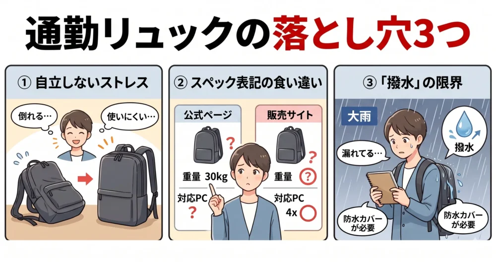 動画では語られなかった通勤リュックの落とし穴3つのイラスト図解。自立しないストレス、スペック表記の食い違い、「撥水」の限界(大雨で漏れる)の3点を解説。