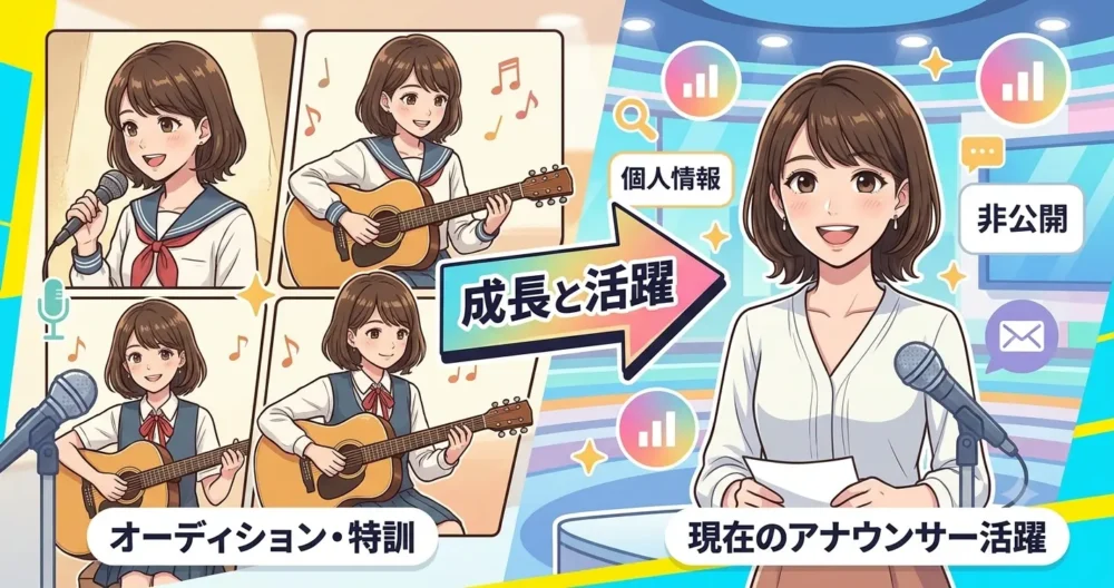 檜山沙耶が人気キャスターになるまでの軌跡を描いたイラスト。学生時代のオーディション特訓から、現在のアナウンサーとしての自信に満ちた活躍へと続く成長を表現している。