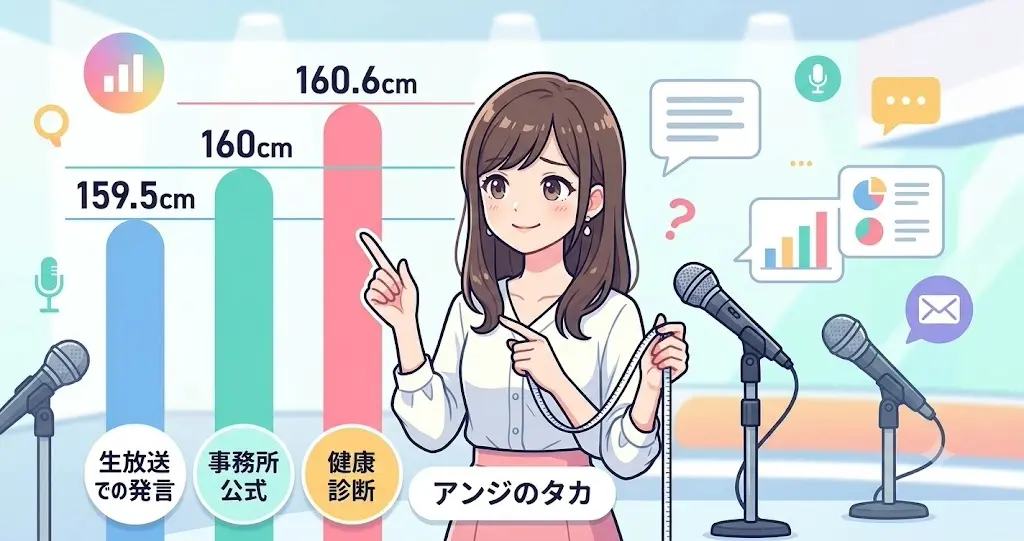 檜山沙耶の身長データが159.5cm・160cm・160.6cmの3通りに割れている理由を解説する図解イラスト。それぞれの数字の出どころ(生放送・事務所公式・健康診断)を比較している。