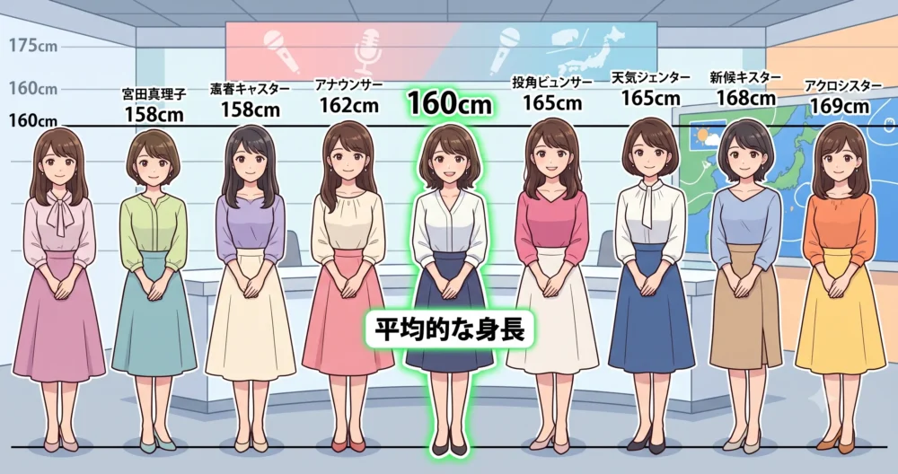 日本人女性の平均身長や同世代の女性アナウンサーと檜山沙耶の身長を比較したイラスト