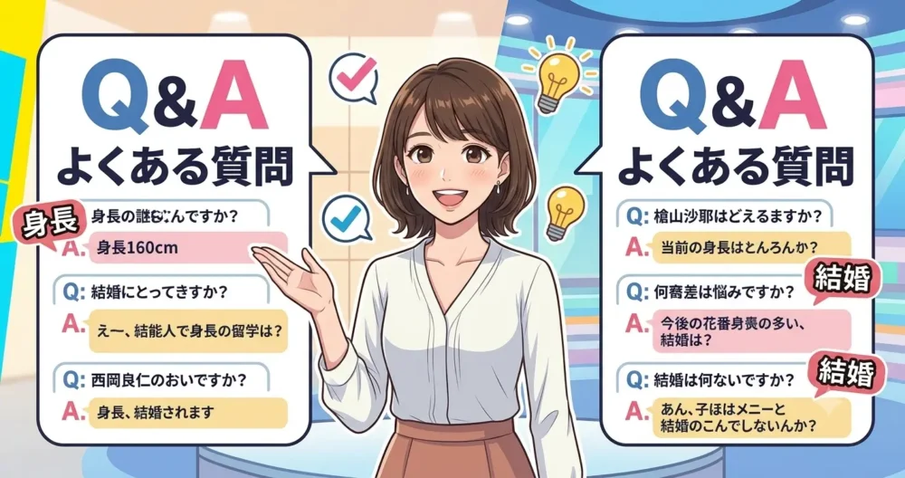 檜山沙耶の身長に関するQ&A・よくある質問をまとめたヘルプデスク風イラスト。案内役の女性キャラクターが吹き出しやチェックマークなどのアイコンを指し示している。