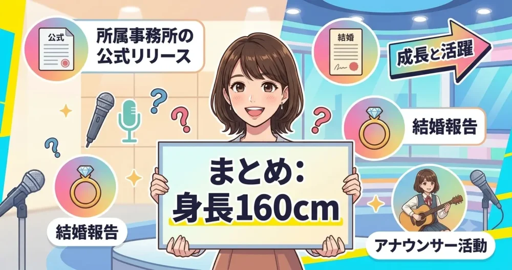 檜山沙耶の身長説を総括するインフォグラフィックイラスト。「まとめ: 身長160cm」の大きな文字を掲げ、公式リリース・結婚・キャリアなどの要点をアイコンで視覚化している。