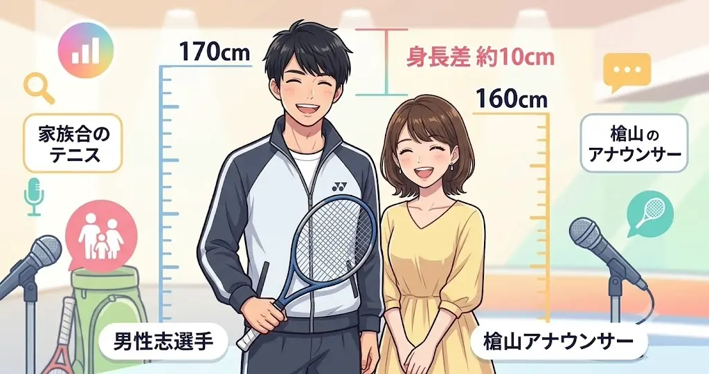 檜山沙耶と夫・西岡良仁の身長差を解説するイラスト。160cmの檜山沙耶と170cmの西岡良仁の約10cmの身長差を視覚化している。