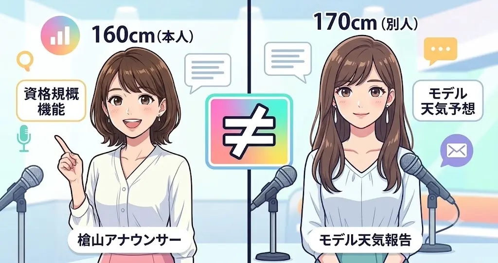 檜山沙耶の身長は170cmではない。検索結果に混ざる「身長170cmの美人気象予報士」の記事は穂川果音のものであり、別であることを解説するイラスト図解。2人の女性キャラクターを比較している。