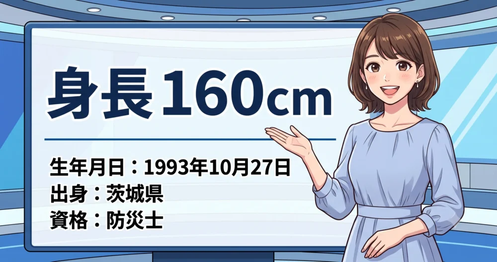 檜山沙耶の公式プロフィール情報を紹介するイラスト。身長160cmという結論を、親しみやすいアニメ調の女性キャスターが指し示している。