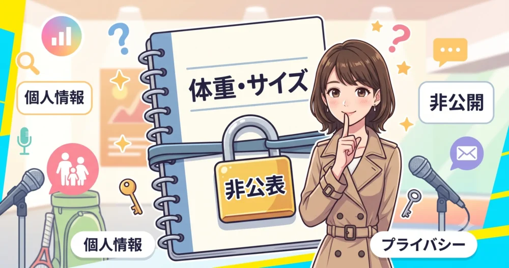 檜山沙耶の体重やスリーサイズが非公表であることを示す図解イラスト。鍵のかかったノートと秘密を共有する女性キャラクターを描き、個人情報が守られていることを表現している。