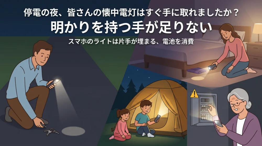 日常で活躍する小型LEDライトの選び方3つの必須条件（超小型・USB-C・ハンズフリー）を図解したイラスト